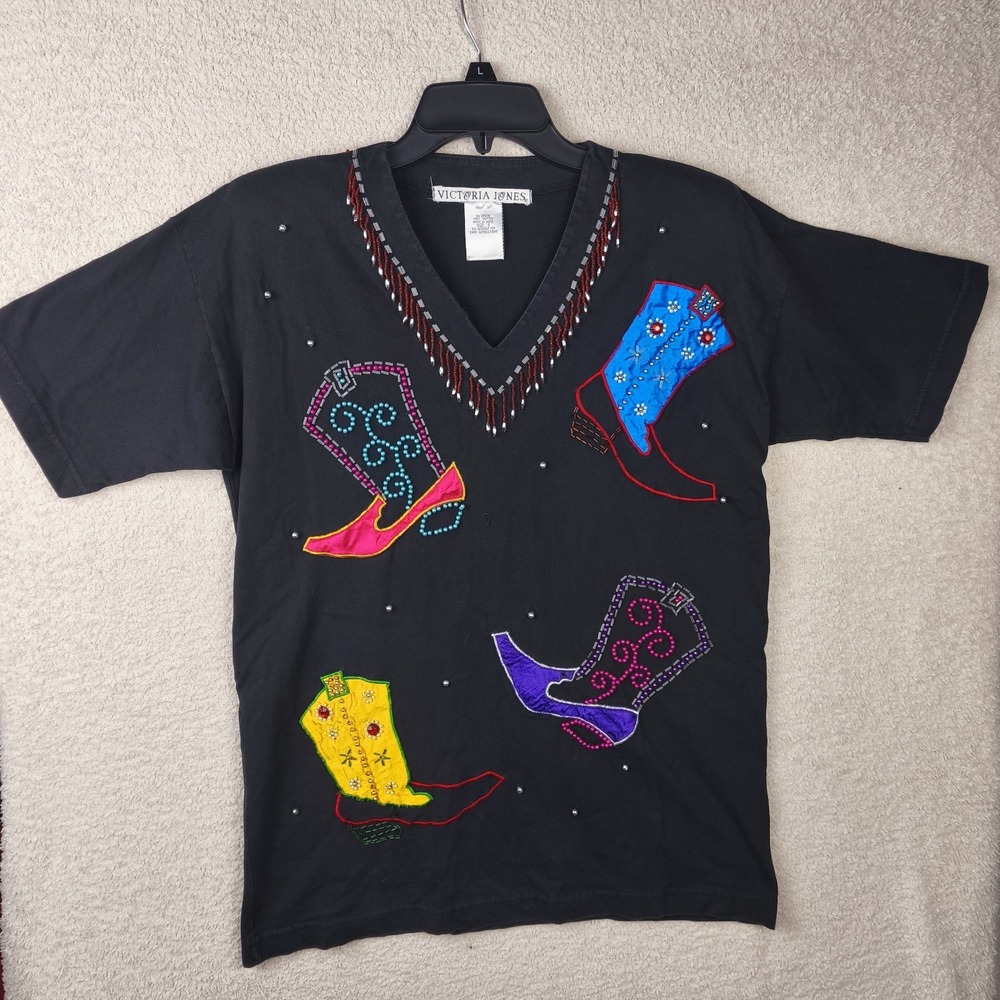 Vtg Women Western Style Black  Shirt‎ Embroidery Beaded fringe  Size M